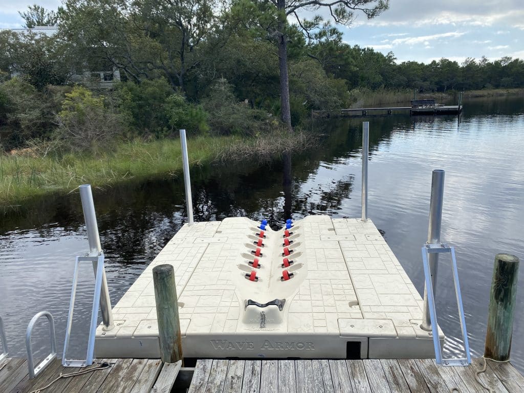 floating jet ski dock installed by Shoreman's Marine on the water near Mexico Beach